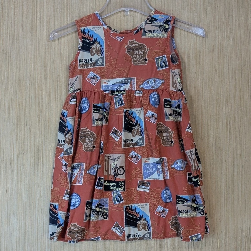 Harley-Davidson Girls Orange Scenic Postcard Print Biker Sleeveless Dress Size 7